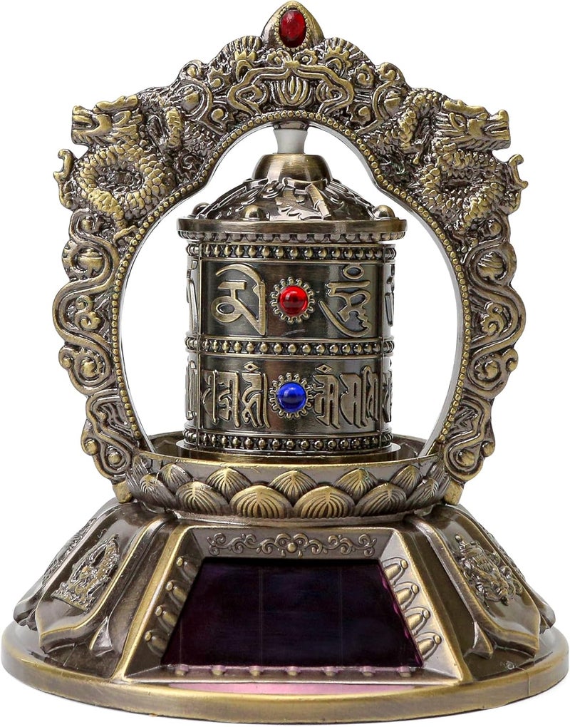 KH866 Premium Tibetan Prayer Wheel – Silent Spinning Om Mani Padme Hum Solar Powered Car, Table Top Buddhist Ornaments for Meditation, Yoga, Relaxation, Decorations – Bronze Color - Image 1